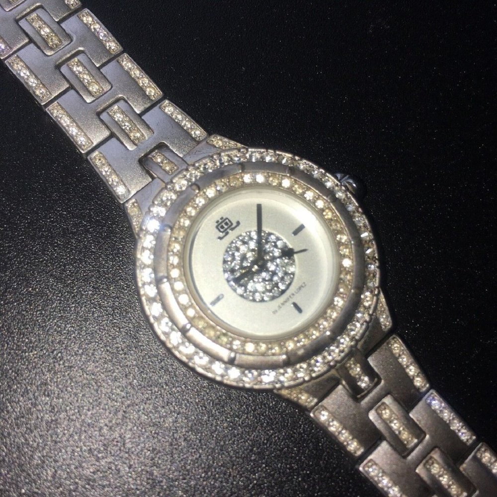 pre-owed JLo Jennifer Lopez Silvertone Wrist Watch Crystals Metal Bracelet